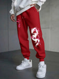 Japanese Dragon and Cherry Blossom Element Print Autumn and Winter Men's Fleece Casual Trousers for Jogging and Outdoor Sports