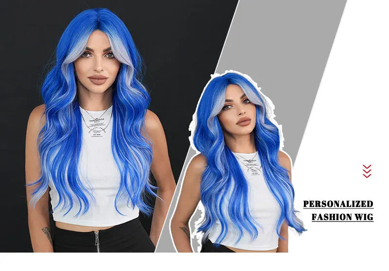 NAMM Highlight Skunk Wig Body Wave Synthetic Blue Wig for Women Daily Party Use Highlight Ash Wavy Wigs With Medium Wigs