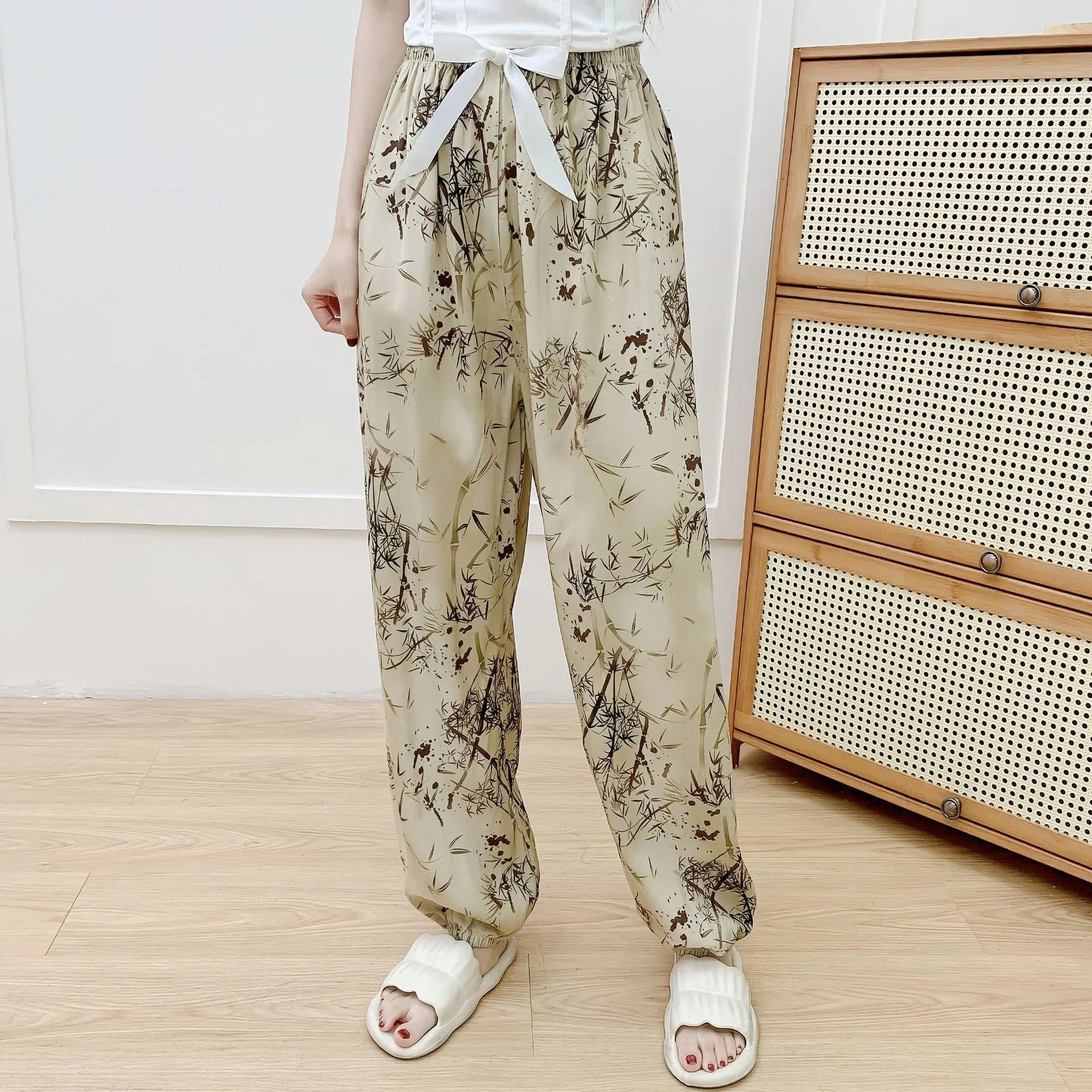 New Korean Style Pants Summer Cropped Trousers Women's Flower Home Clothes Loose Wide Leg Pants Casual Beach Outfits Sweatpants