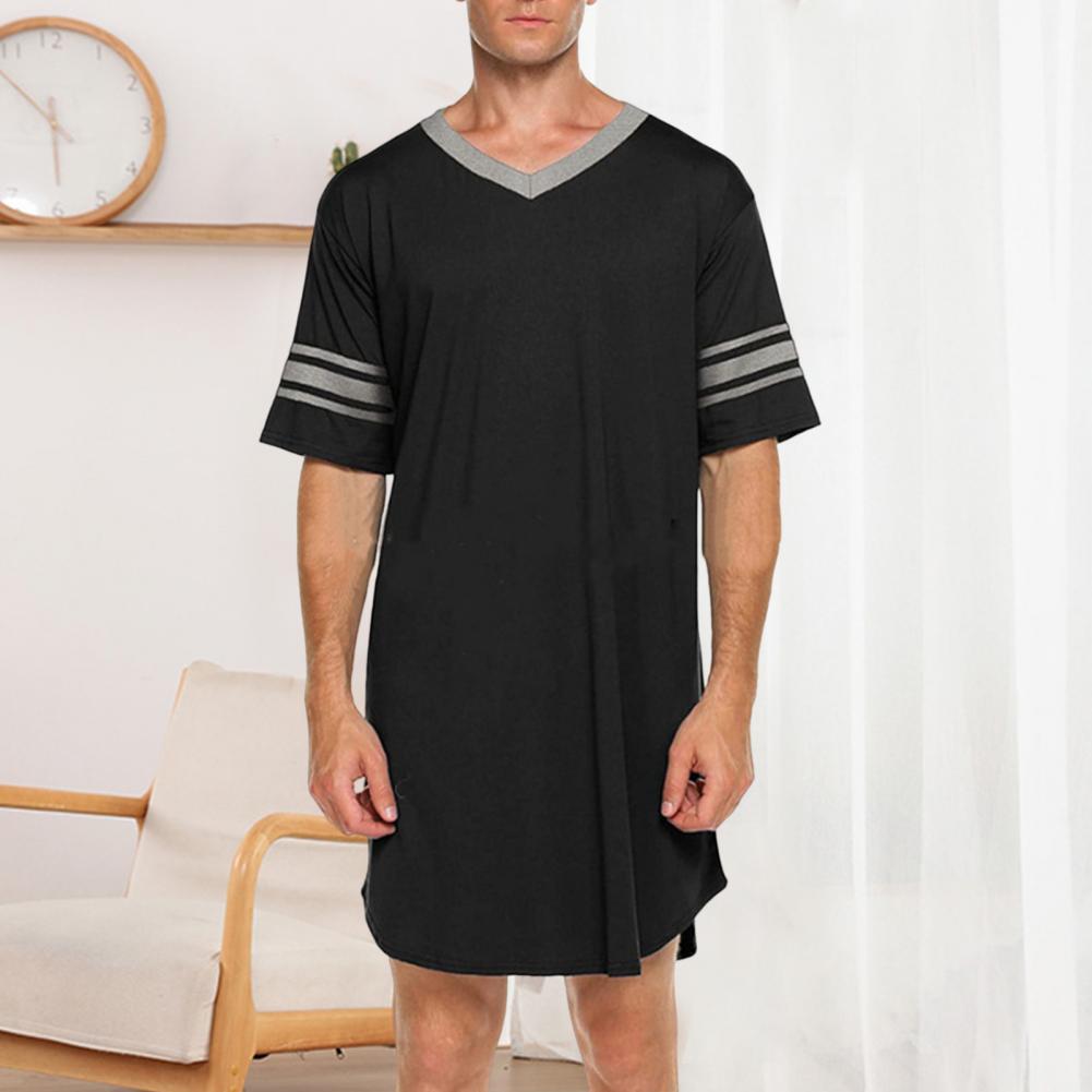 Men Summer Top Color Matching Men Loungewear Long Style Short Sleeve V Neck Home Clothes Striped Print Sleeping Clothes For Men