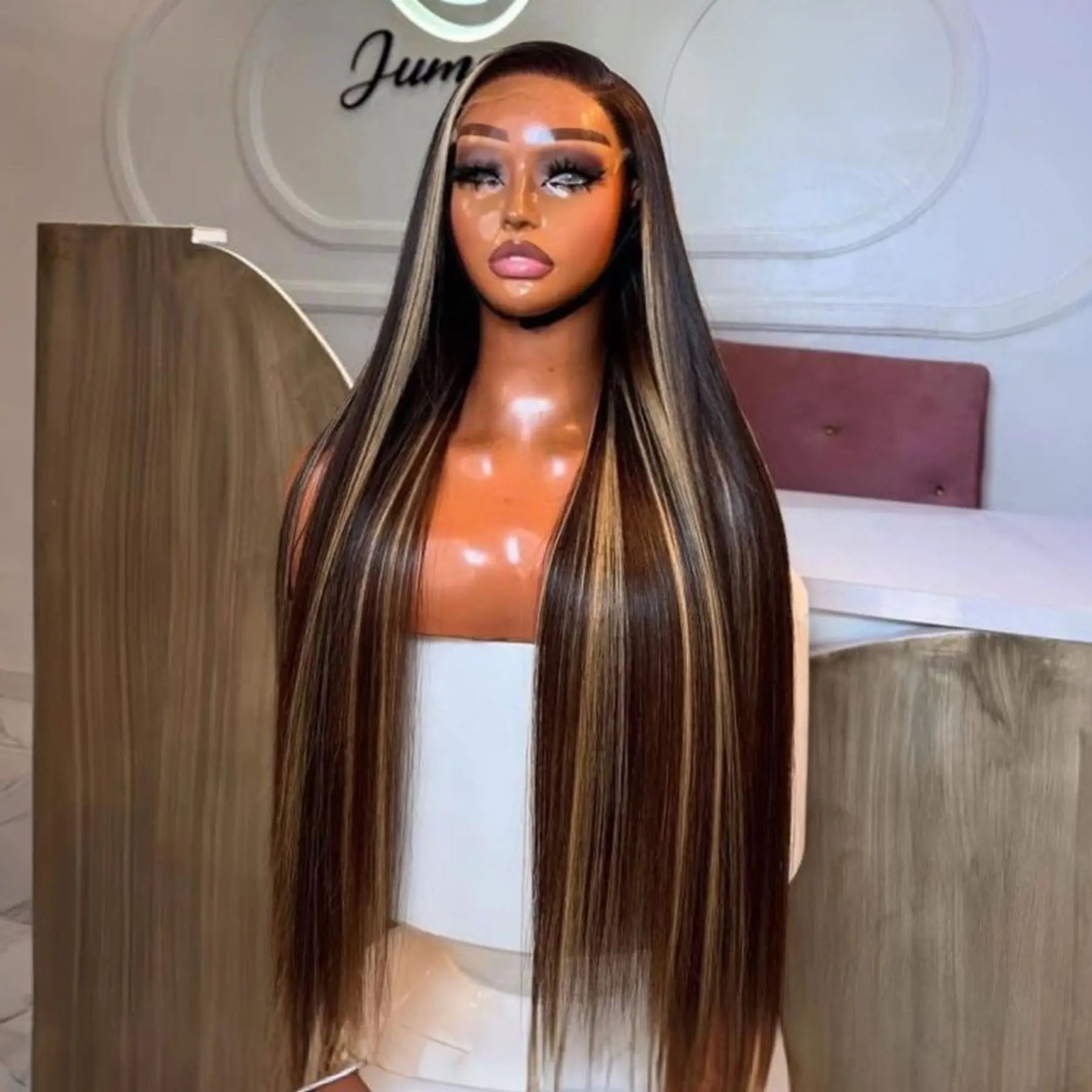 Long Silky Straight Highlight Honey Blonde Ombre Color Synthetic 13X4 HD Lace Frontal Wig Prepucked With Baby Hair Glueless Wig