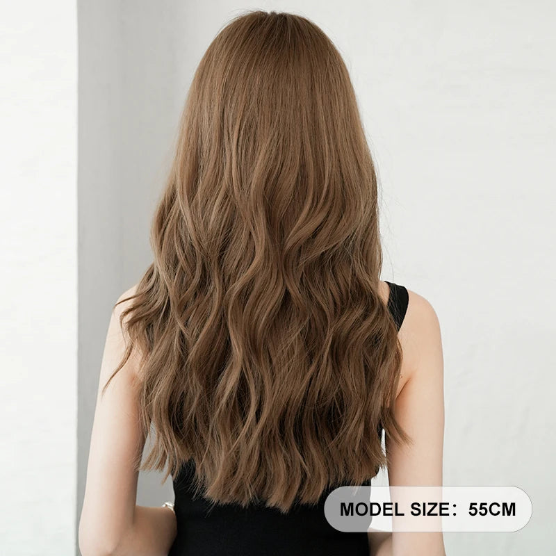 7JHH WIGS Body Wavy Wig Long Loose Curly Brown Wig for Women Daily Use High Density Synthetic Layered Hair Wigs with Bangs