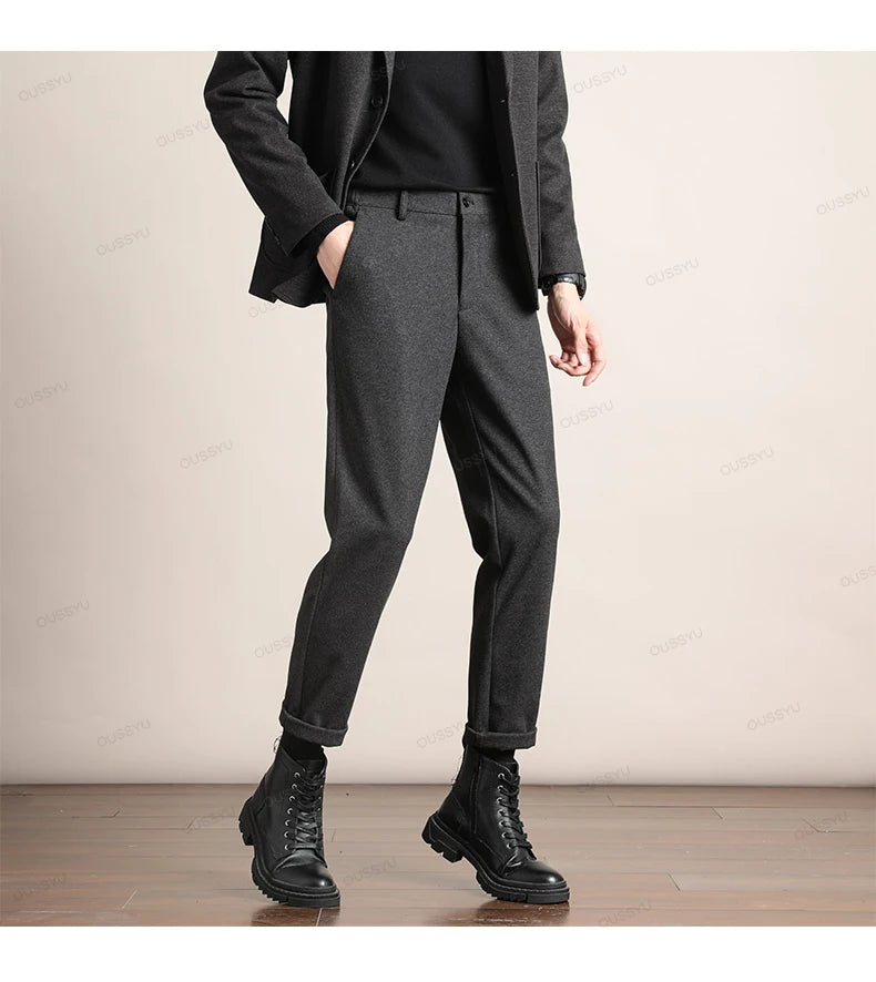 Brand Clothing Autumn Winter Luxury Suit Pants Men Thick Business Elastic Waist Woolen Ankle Pant Korean Formal Long Trousers