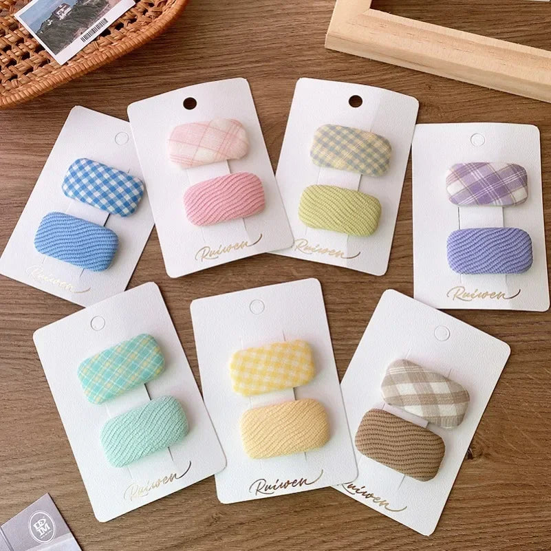 2Pcs/Set Kawaii Girls Sweet Hair Clips Fabric Plaid Cotton Hairpins for Baby Hair Square Shape Women Bangs Barrettes Headwear