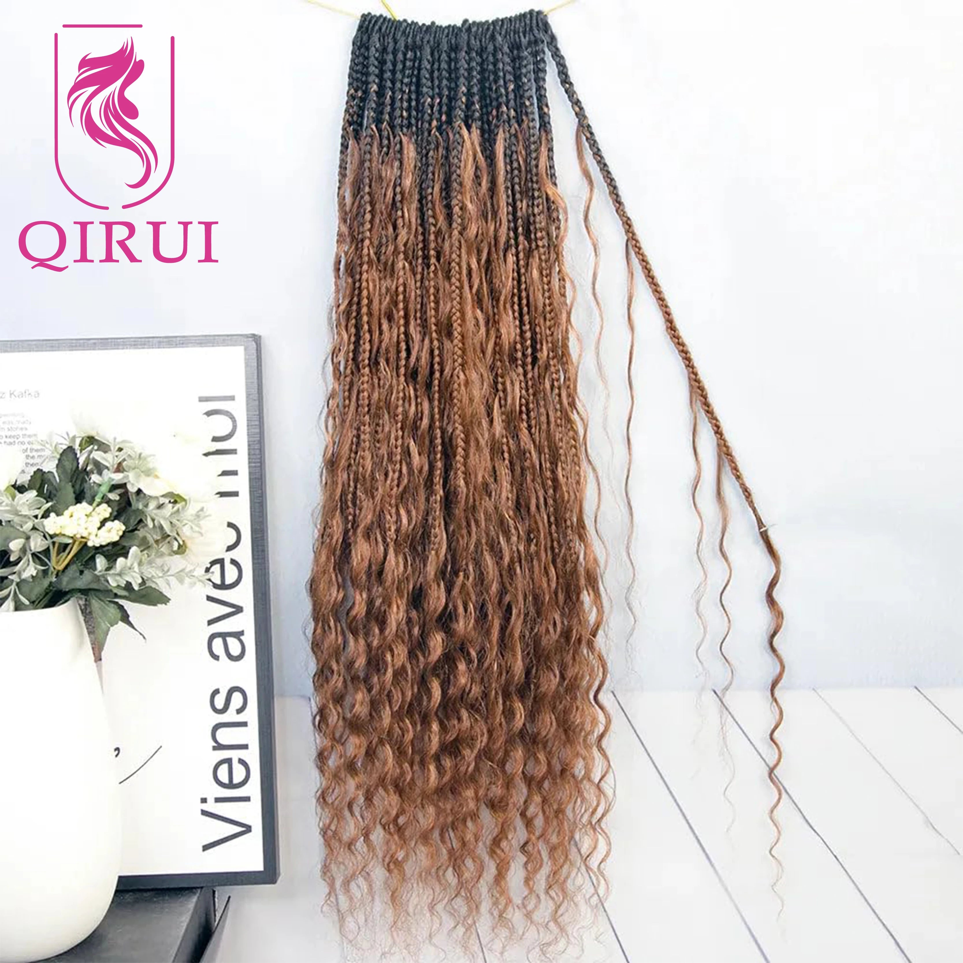 Ombre Brown #1B/30 Boho Crochet Box Braids with Human Hair Curls Deep Wave Pre Looped Box Braids Full Ends Hair Extensions