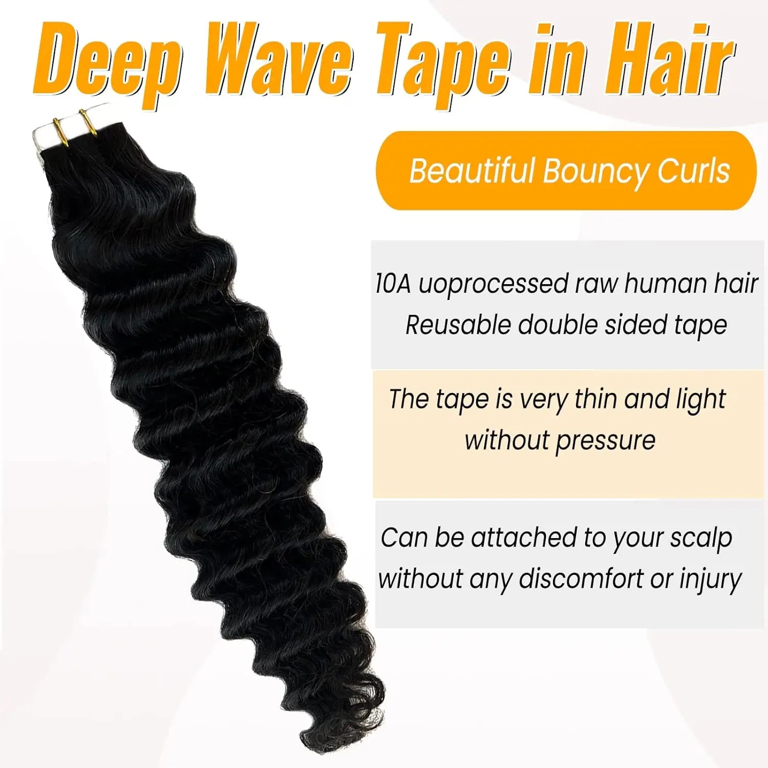 Curly Tape in Hair Extensions Deep Wave Tape in Hair Extensions 100% Human Hair Full Head Skin Adhesive Natural Black 24 26 Inch