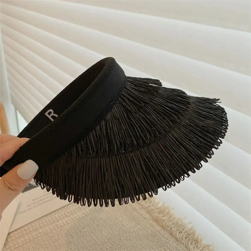 2025 New summer empty top women's straw braid fringe sunhat is a sunhat with sunblock UV beach holiday