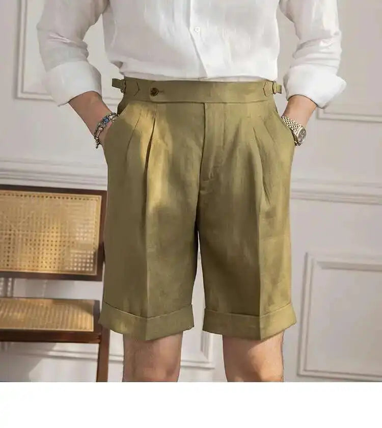 100% Linen Summer Straight Naples Shorts Men Solid Color Business Dress Pants Office Social Casual Slim Fit Shorts