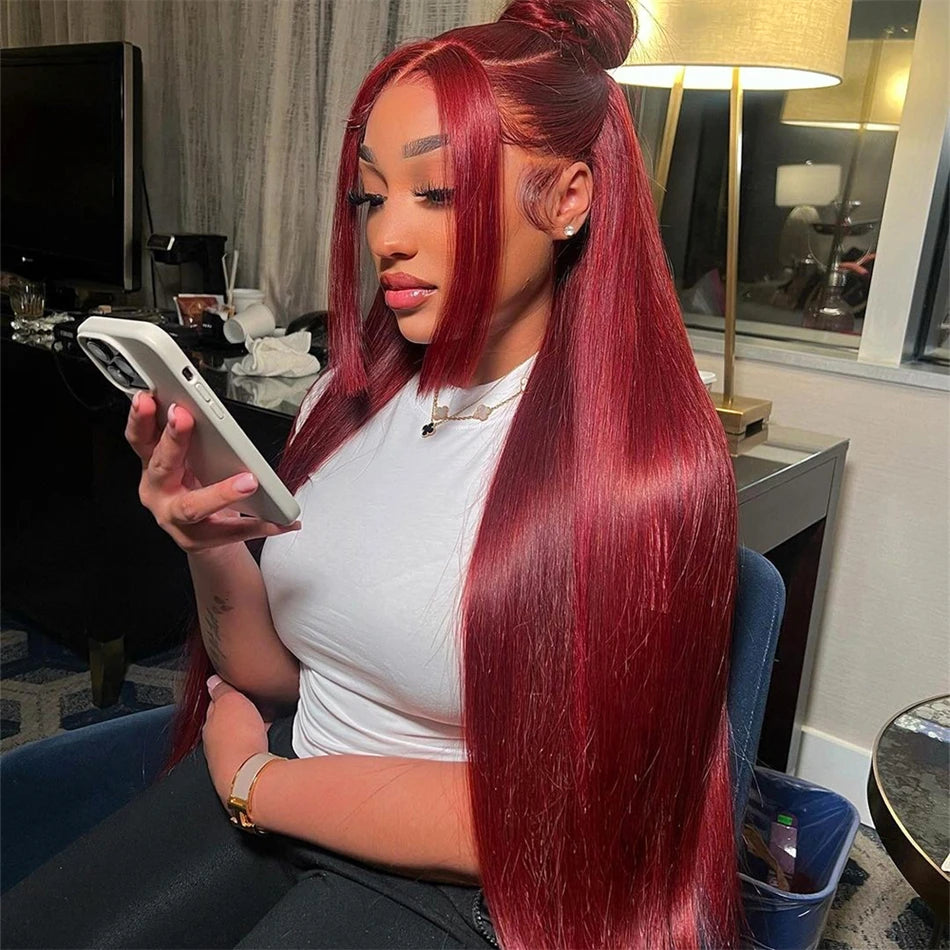 250 Density 99J Burgundy 13x6 Lace Frontal Human Hair Wigs Brazilian Colored 30 40 Inch Straight Red Lace Front Wigs Human Hair