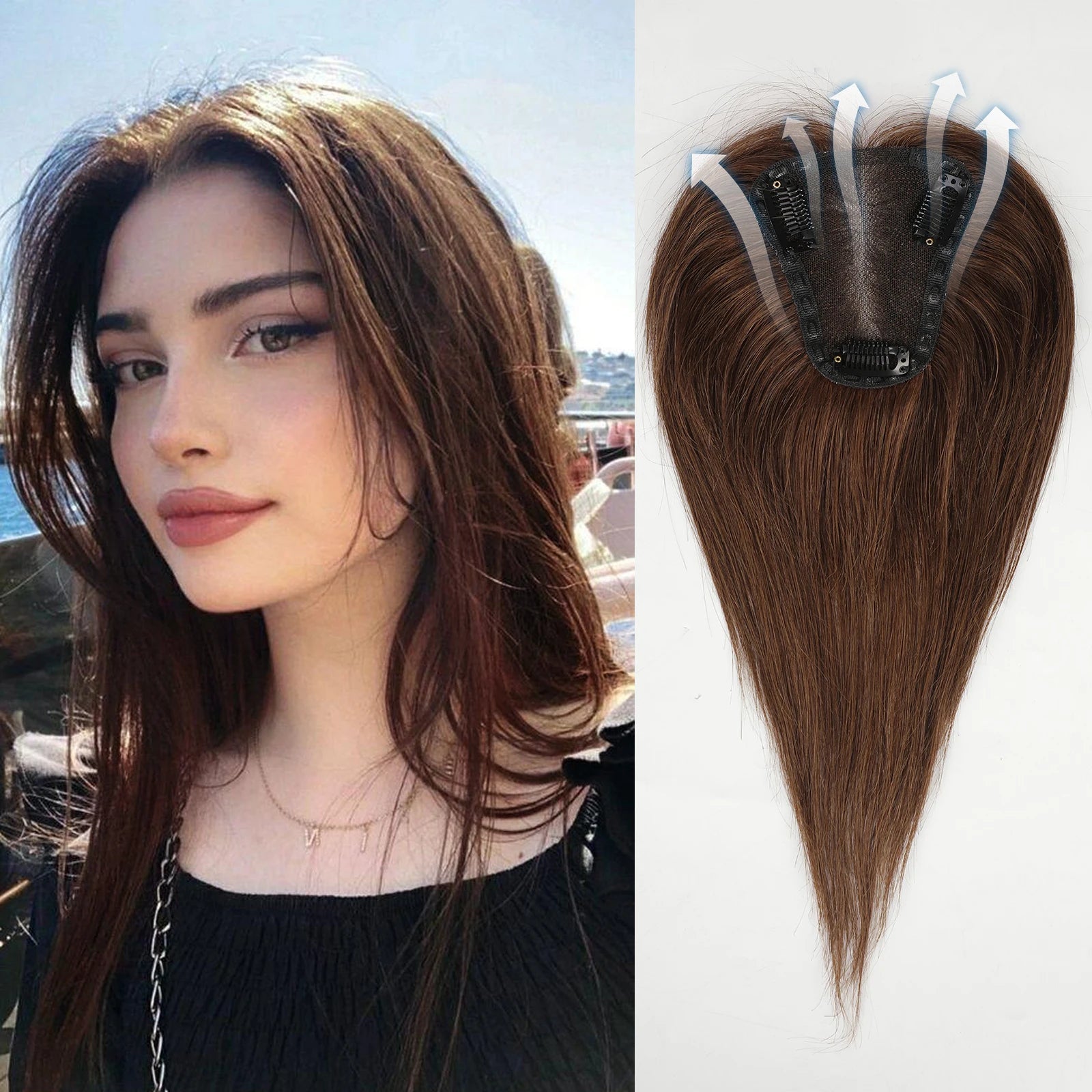 Chocolate Brown Remy Human Hair Toppers 12inches Straight Topper Lace Base Clips in Hair Human Hair Pieces Extensions for Women