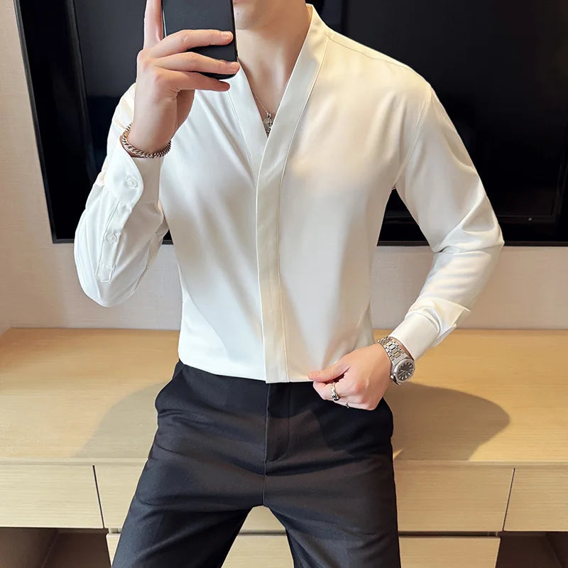 High Quality Collarless Shirts Men Fashion Slim Fit Long Sleeve Casual Shirts Business Office Social Formal Shirt Men Clothig
