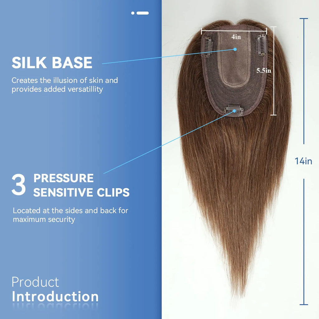 14 Inch Brown Silk Base Remy 100%Human Hair Toppers Clip-In Top Hairpiece for Women Natural Straight Hair Extensions