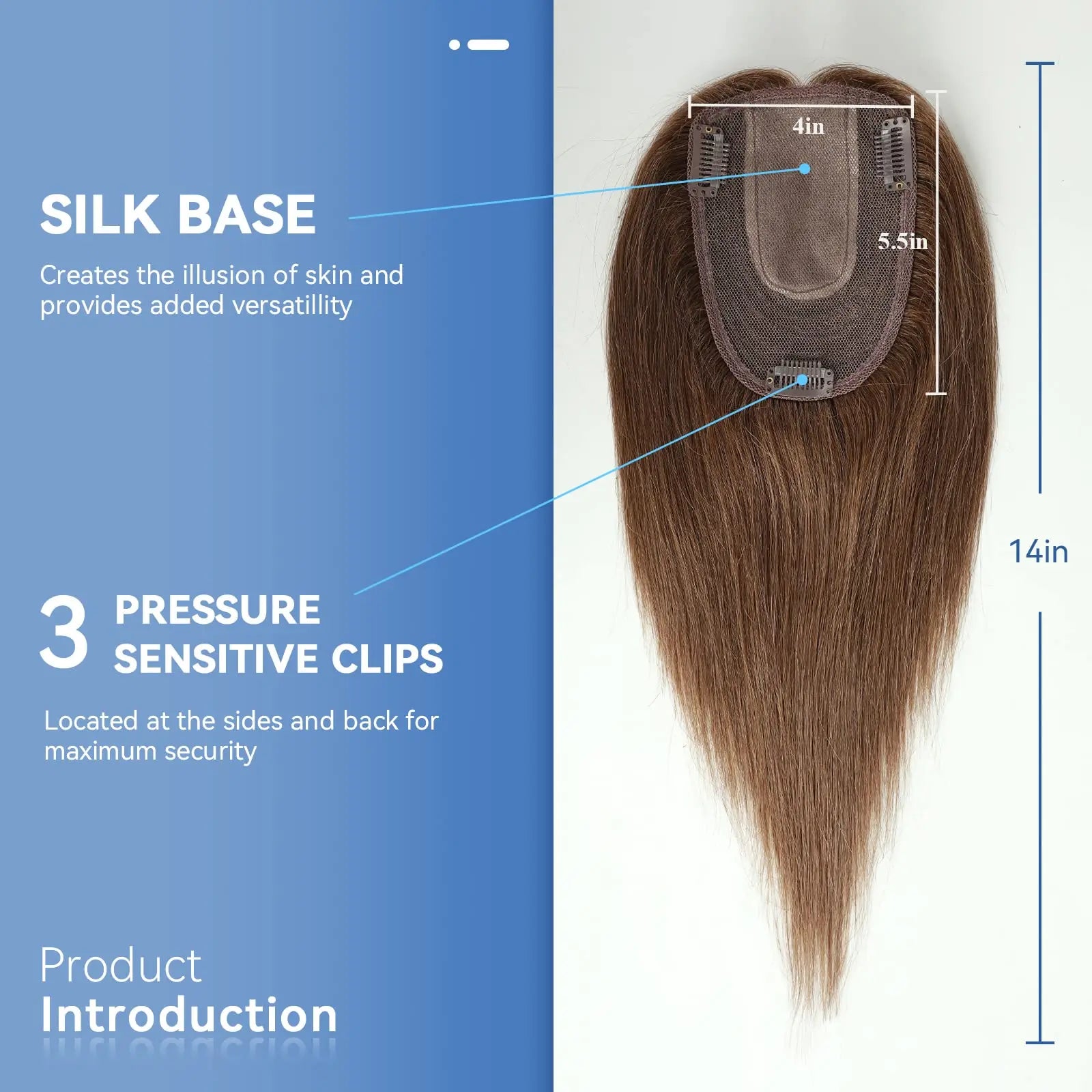 14 Inch Brown Silk Base Remy 100%Human Hair Toppers Clip-In Top Hairpiece for Women Natural Straight Hair Extensions