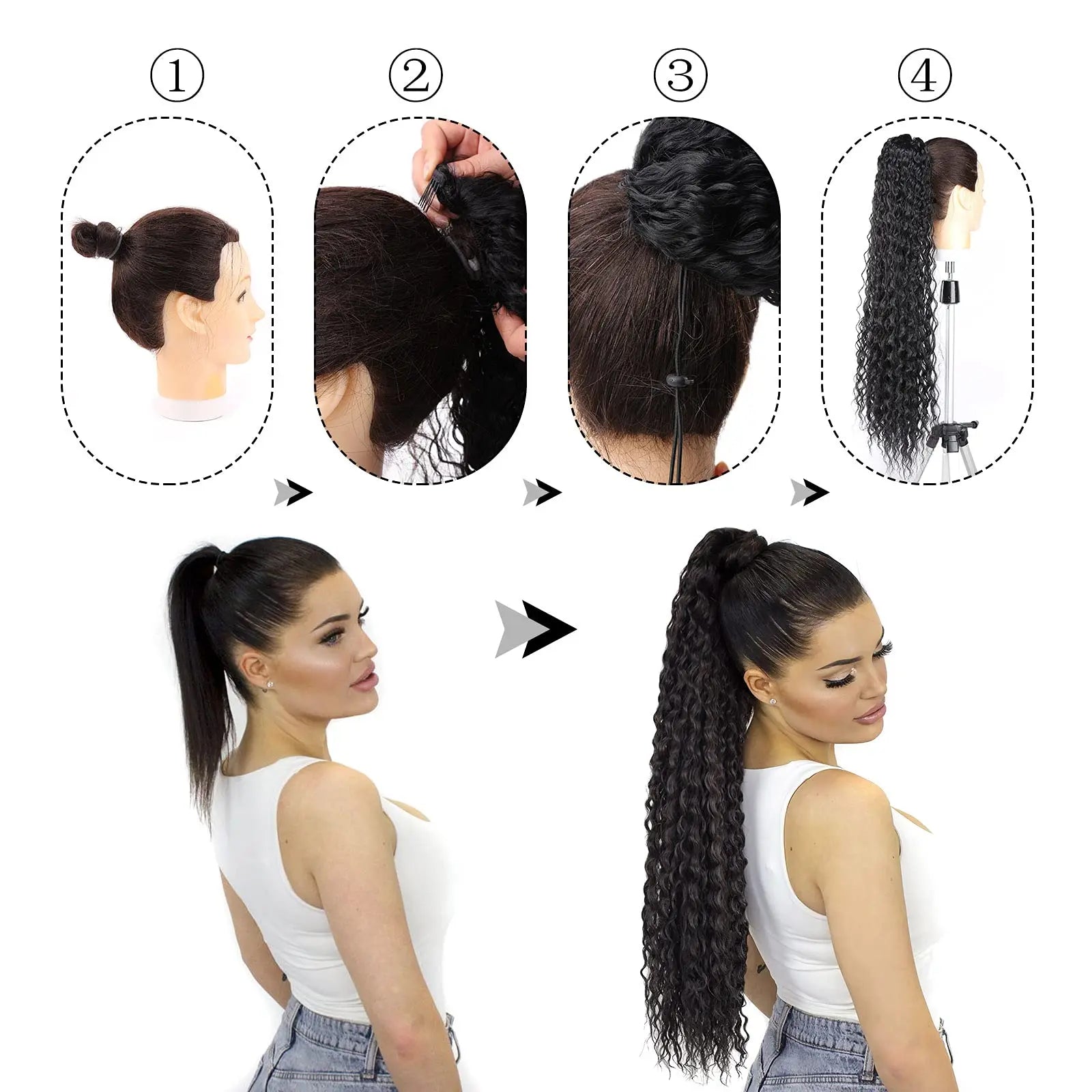 Deep Wave Drawstring Ponytail Hair Extensions 100g 8-28inches Pony tail Natural Black Color 100% Brazilian Remy Human Hair #1B