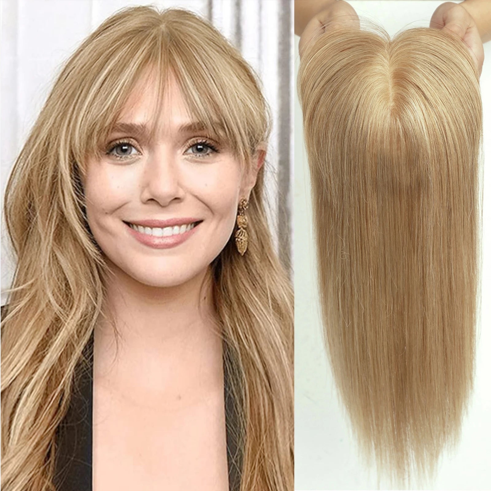 Ombre Brown Real Human Hair Toppers Wigs with Bangs Silk Base Clip Pieces 14inch Straight Topper Hairs for Women Hair Extension
