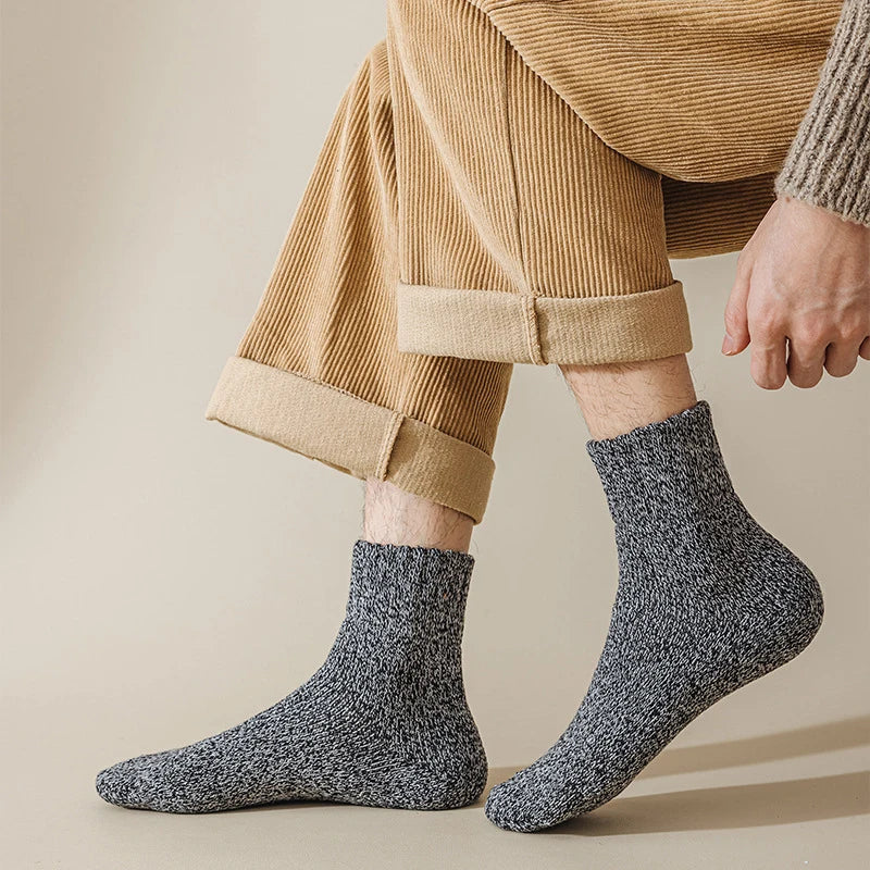 5 Pairs Winter Socks Men's Wool Warm Socks Thick Towel Mid-Calf Anti-Cold Snow Boots Socks Retro Solid Color Merino Terry Socks