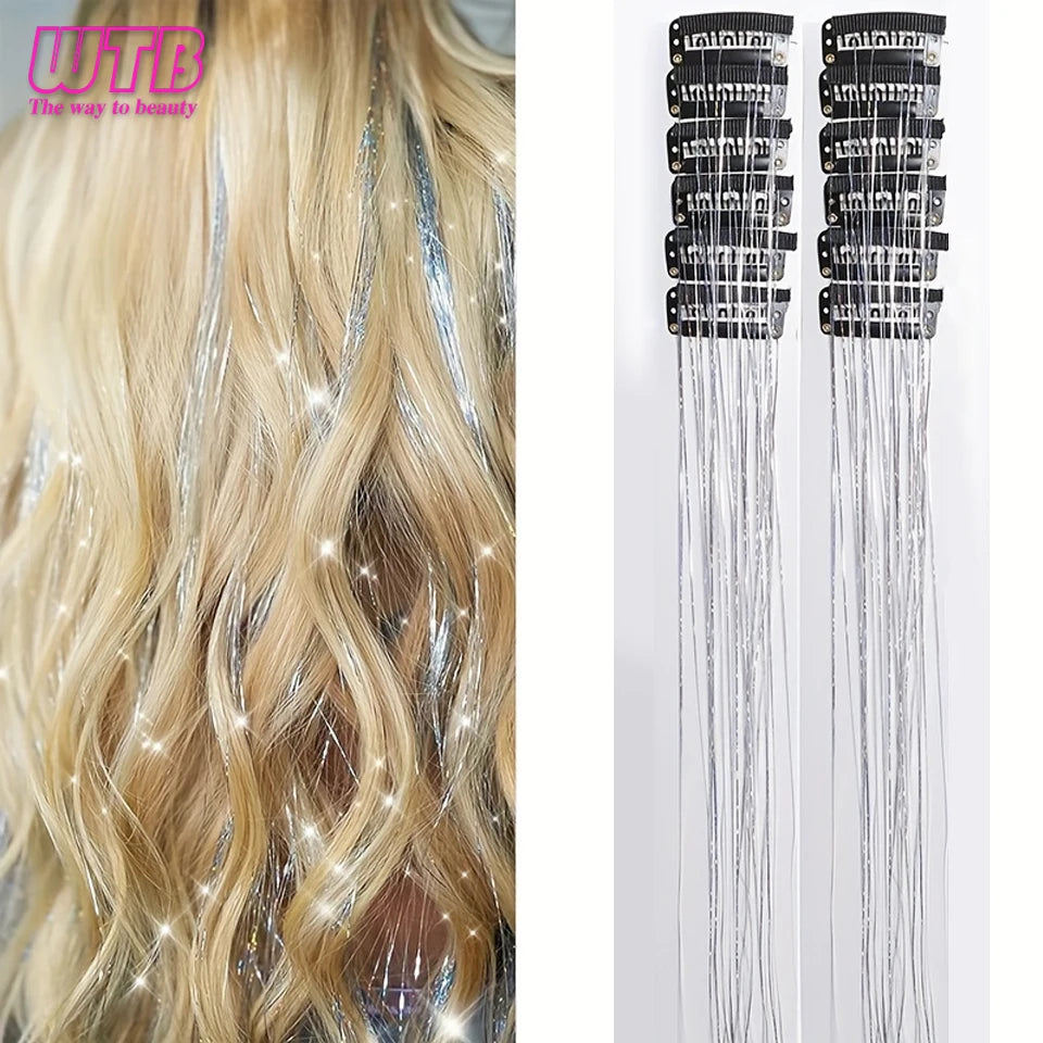 12Pcs Clip in Hair 20 Inch Synthetic Colorful Glitter Tinsel Hair Extension Fashion Party Christmas New Year Gift for Women Hair
