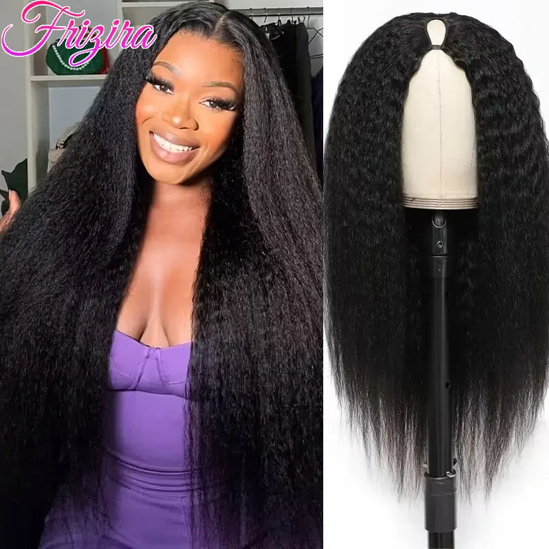 FRIZIRA kinky Straight V Part Brazilian Virgin Human Hair Wigs Glueless Upgrade U Part Wig Glueless V Shape Wig Natural Black