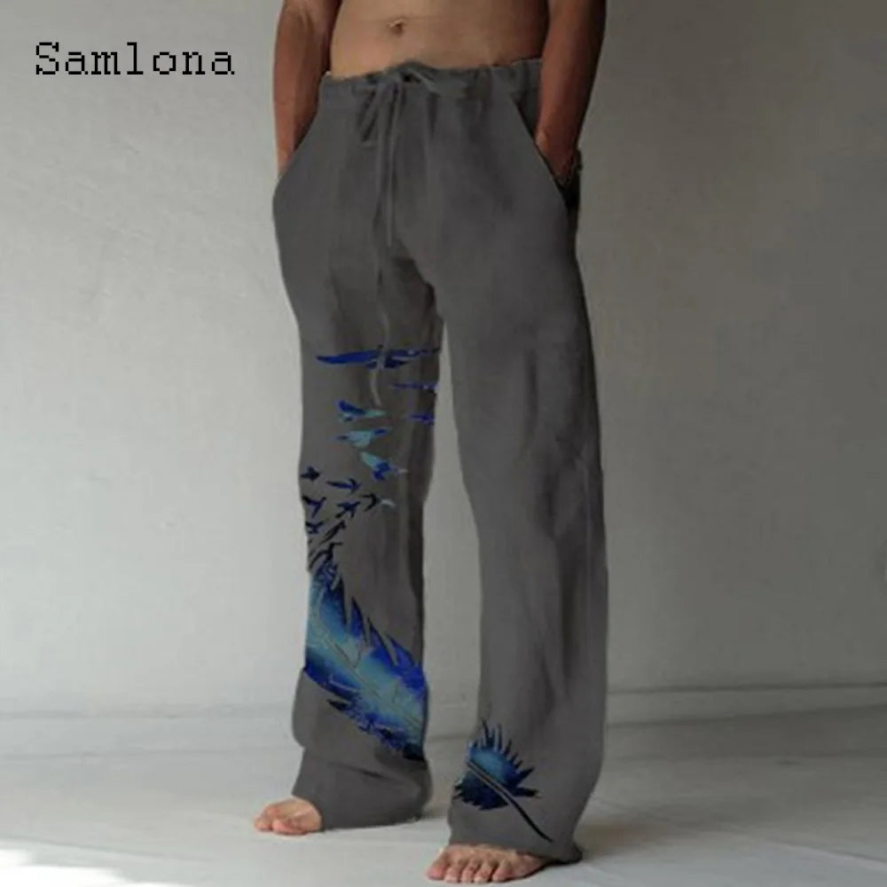 Samlona 2025 Men's Pocket Design Linen Pants Drawstring Loose Trouser Plus Size 3xl Mens Fashion Birds Feather Print Sweatpants