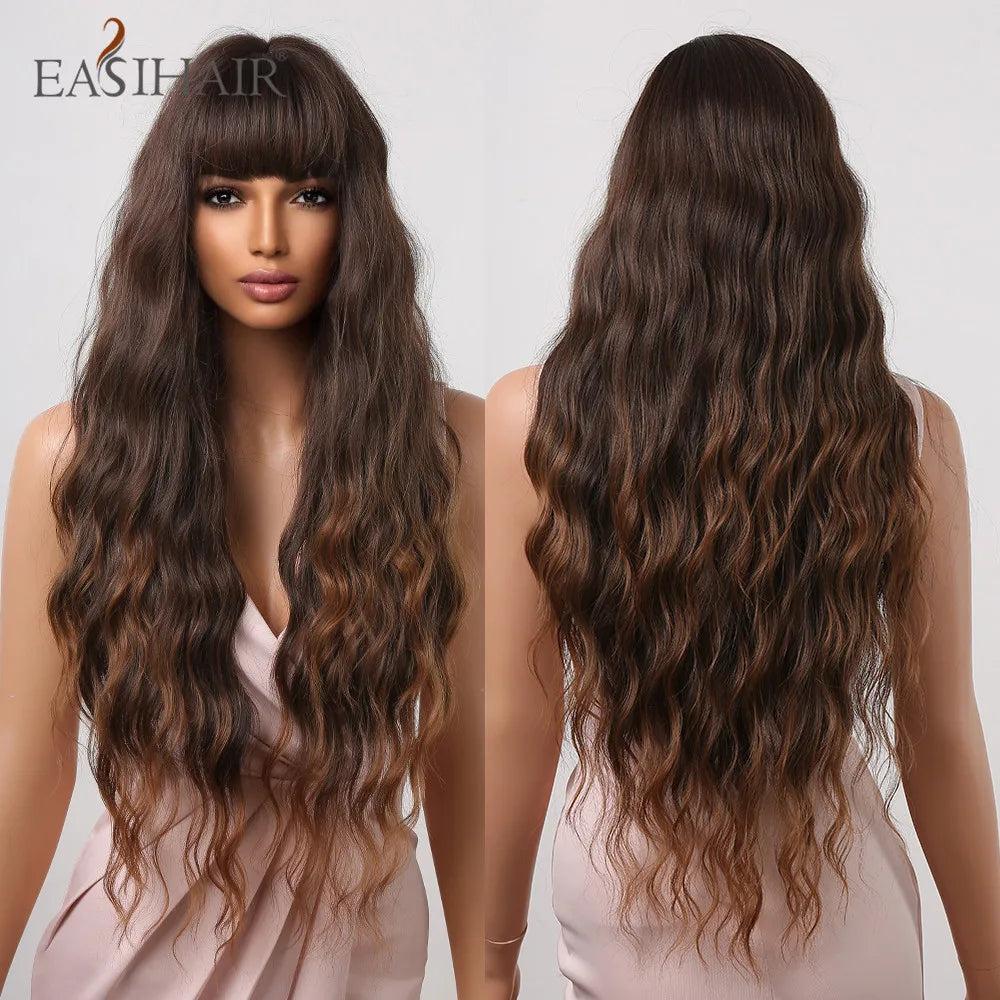 EASIHAIR Ombre Brown Light Blonde Platinum Long Wavy Middle Part Hair Wig Cosplay Natural Heat Resistant Synthetic Wig for Women