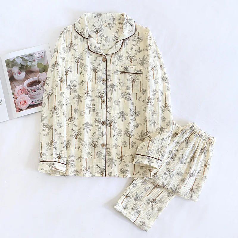2026 Japanese New Spring and Autumn Women's Pajama Set 100% Cotton Gauze Long Sleeve Casual Home Clothes Two Piece Set