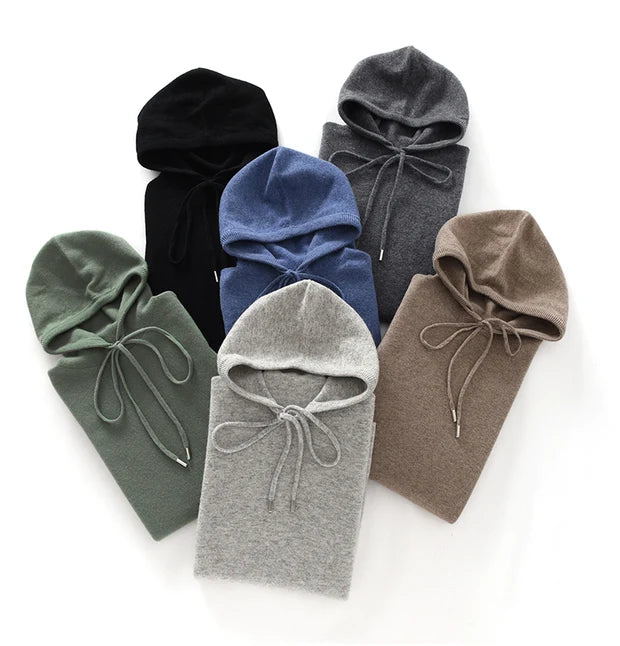Men's Autumn Winter 100% Merino Wool Sweater Hooded Collar Knitted Pullover Cashmere Sweatshirt Casual Large Tops Long Sleeved