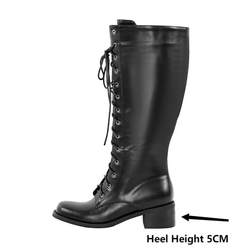 Onlymaker Women Knee High Boots Round Toe Black Matte Gothic Heeled Concise Side Zipper Winter Lace UP Motorcycle Boots