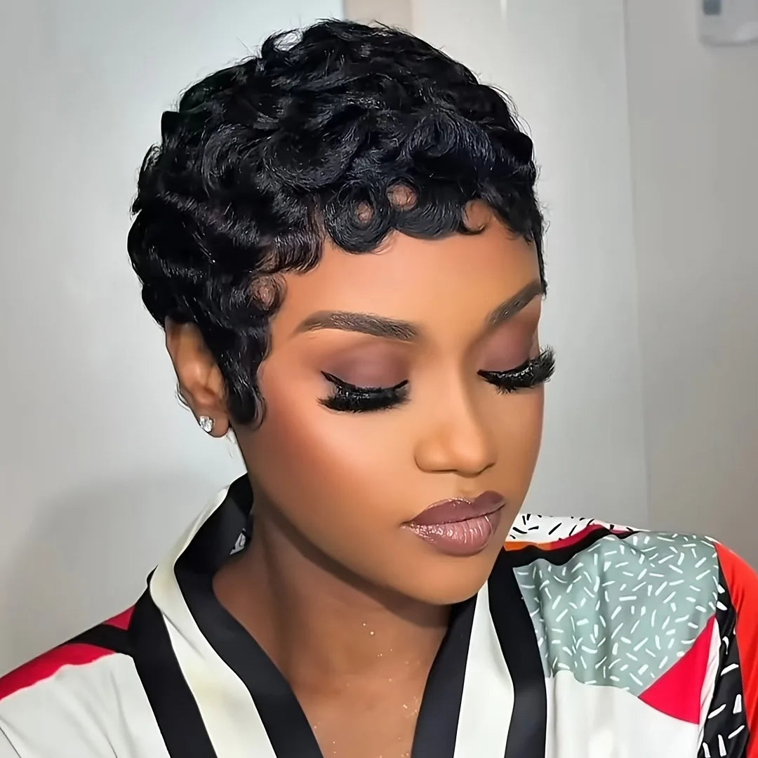 Women's Human Hair Pixie Cut Wig full machine made - Short Layered Curly with Bangs, Natural Black 150% Density Rose Net Cap