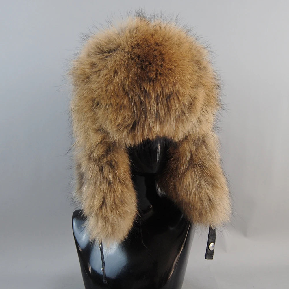 2026 Unisex Outdoor Windproof Winter Natural Real Fox Fur Bombers Hats Women Raccoon Fur Cap Luxury Real Sheepskin Leather Hat