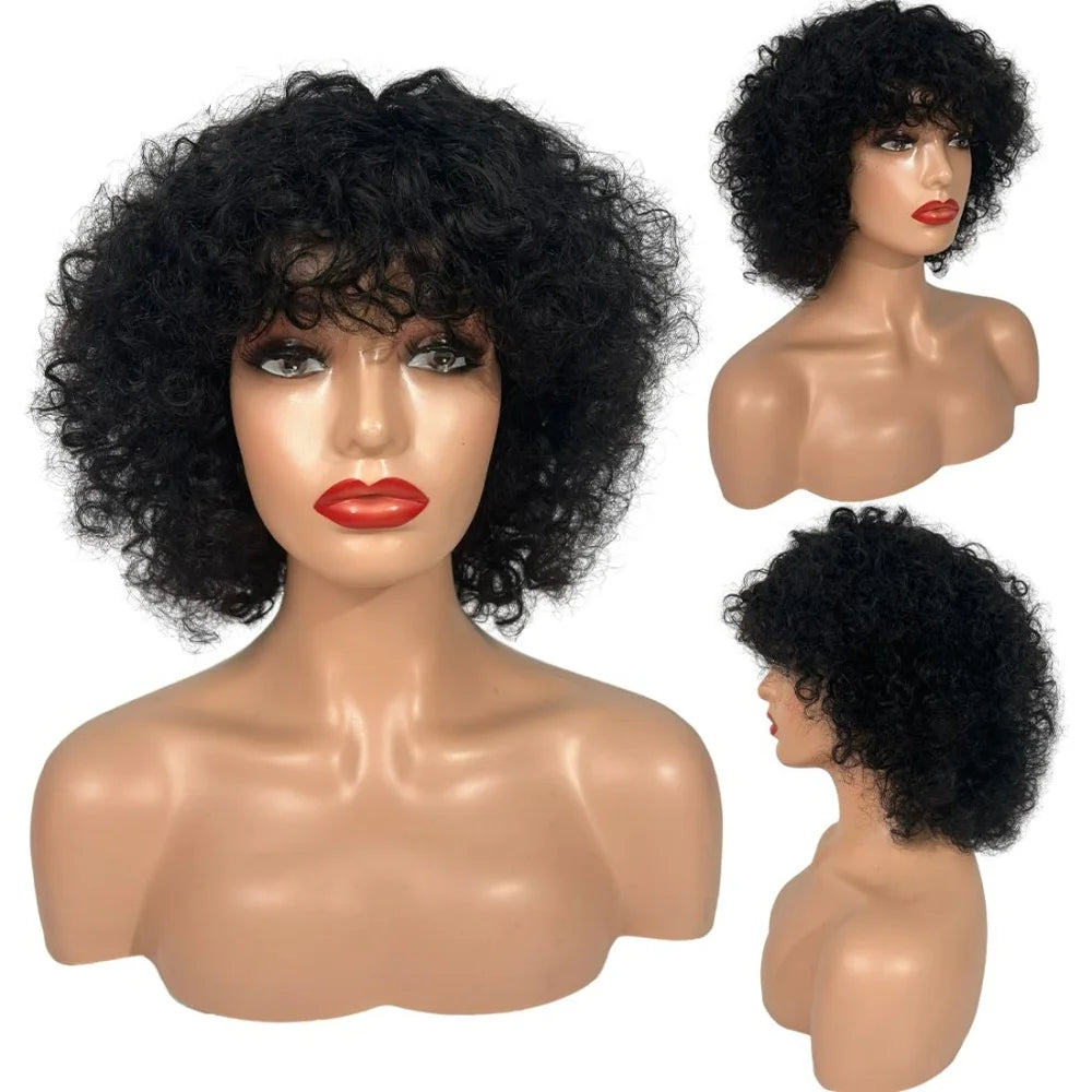 Curly Bob Wig With Bangs Short Bob Curly Wig for Women Natural Color Brazilian Human Hair Deep Wave Bob Wig With Bangs 16 Inch