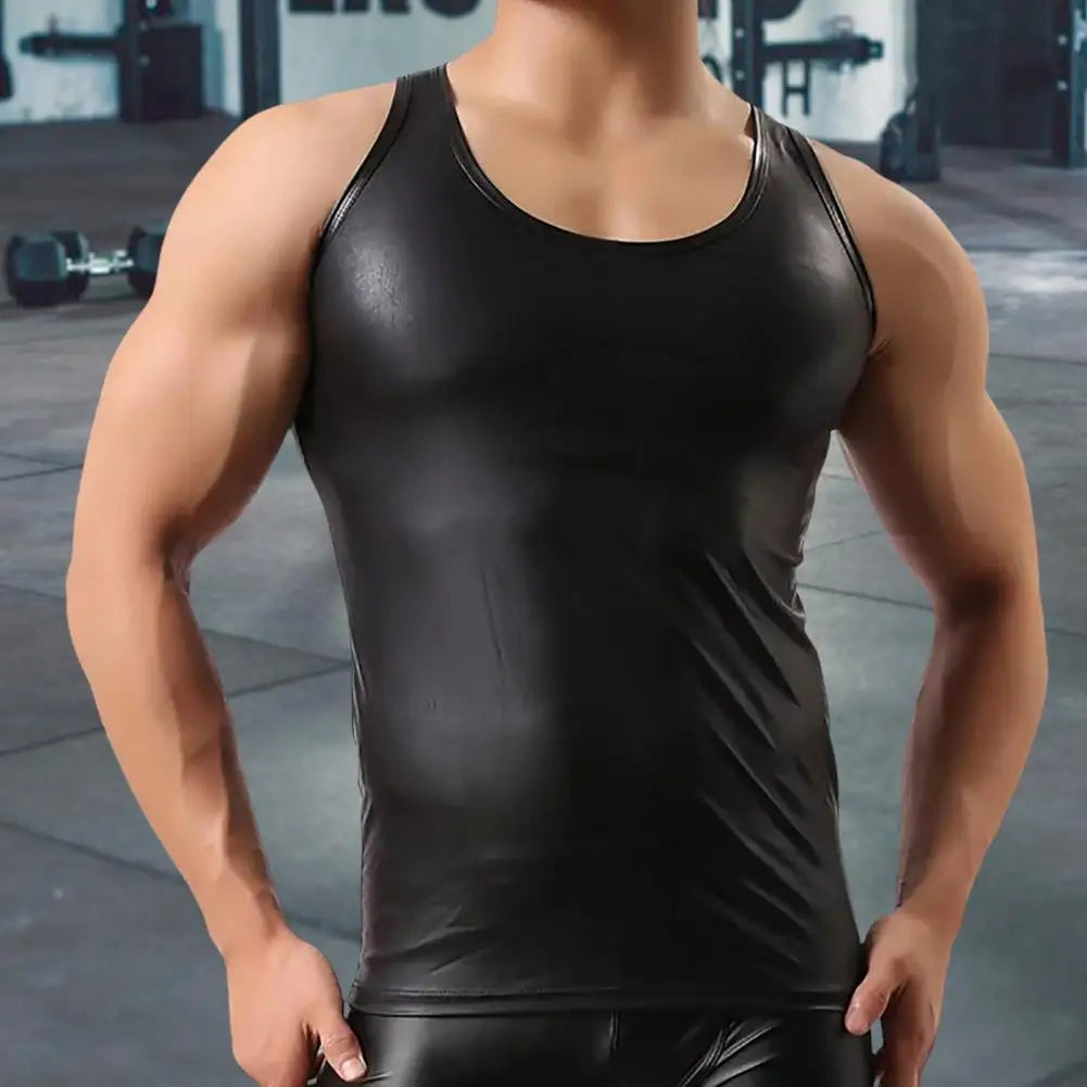 Men Club Vest Solid Color Smooth Surface Slim Fit Sleeveless Round Neck Faux Leather PClub Tank Top Men Clothes t shirt man