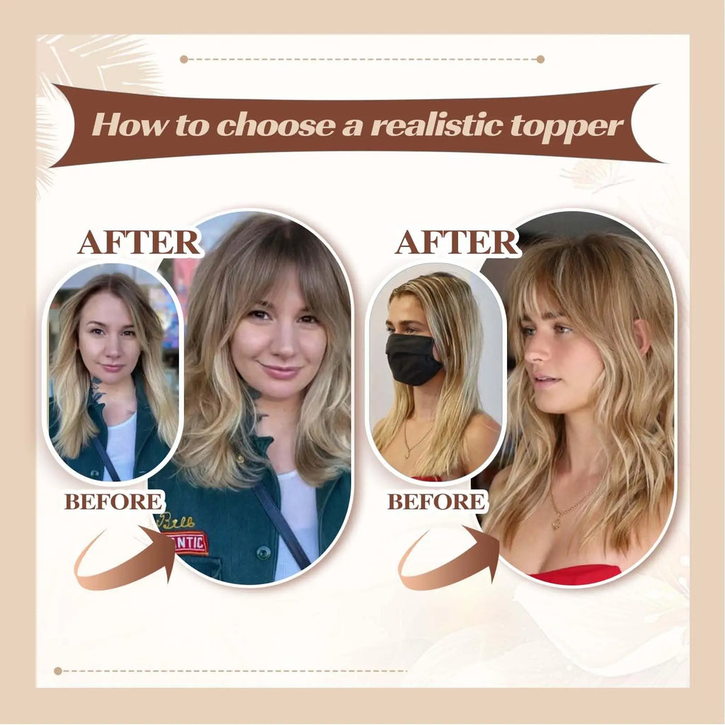 Ombre Brown Real Human Hair Toppers Wigs with Bangs Silk Base Clip Pieces 14inch Straight Topper Hairs for Women Hair Extension