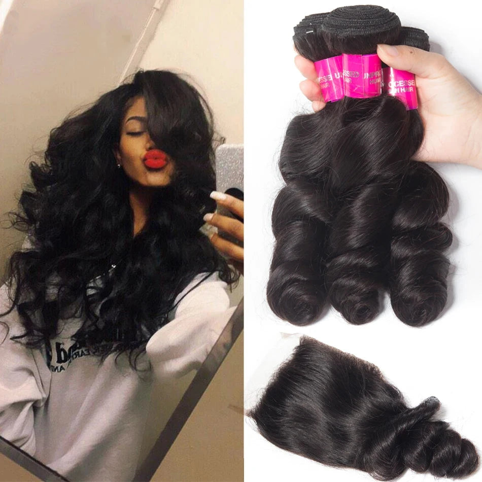 15A Peruvian Raw Virgin Hair Unprocessed Human Hair Bundles With Closure 4X4 Loose Wave Bundles And Closure Natural Black Color