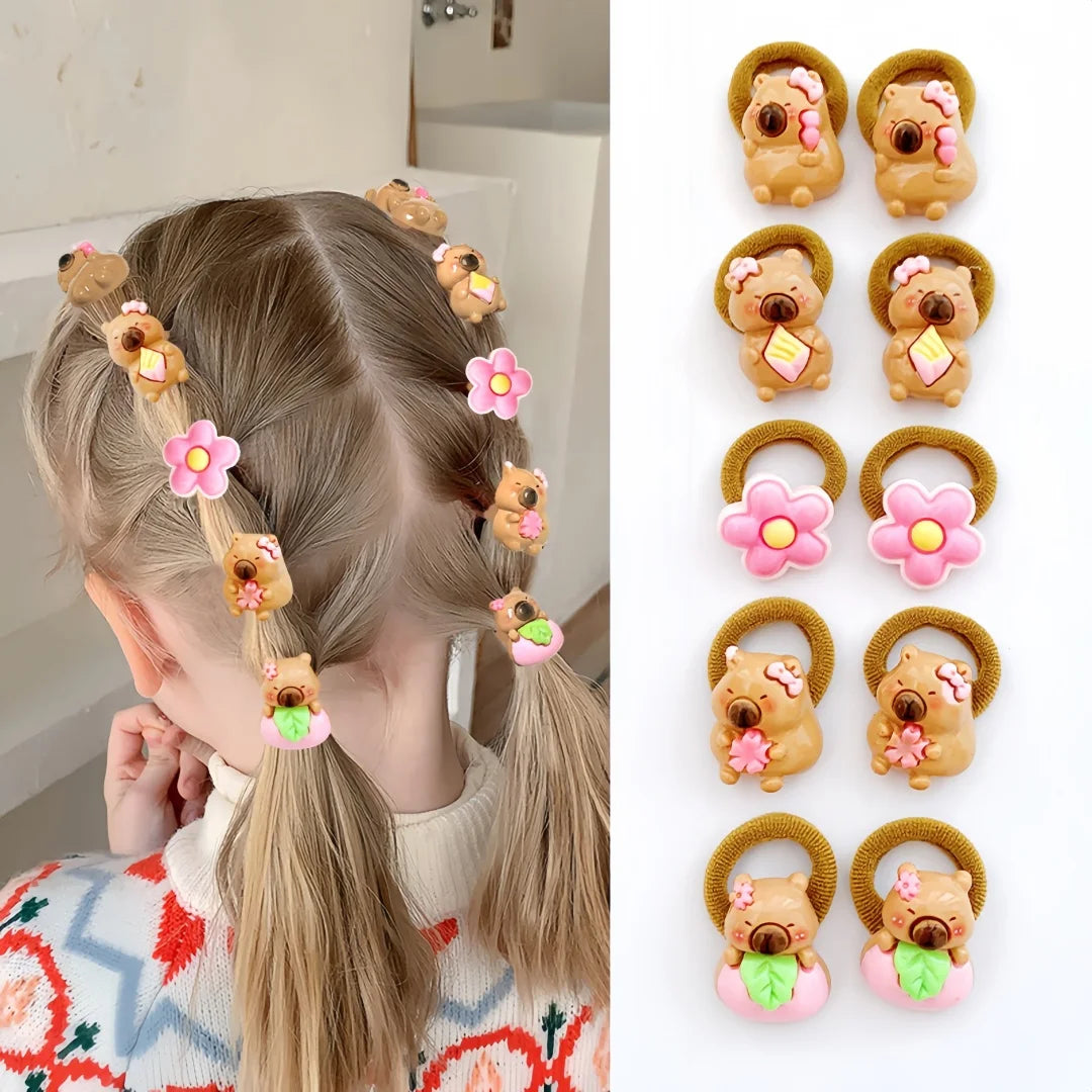 10Pcs Cute Capybara Hair Ties for Girls Colorful Cartoon Resin Towel Loop Bands Non-Slip Hair Accessories for Kids Daily Casual