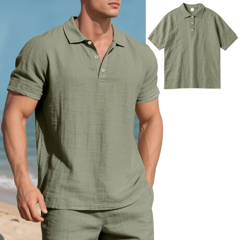 2025Summer New Men's Shirt British Style Loose Trendy Breathable Linen Casual Polo Collar Series POLO Shirt Short Sleeve