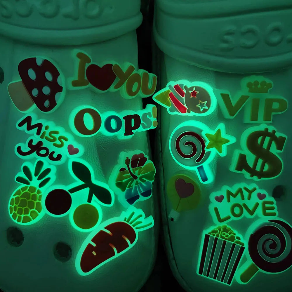1-16Pcs My Love Lollipop Carrot Mushroom Luminous Sandals Shoe Buckle Charms Accessories DIY Kids Holiday Gift