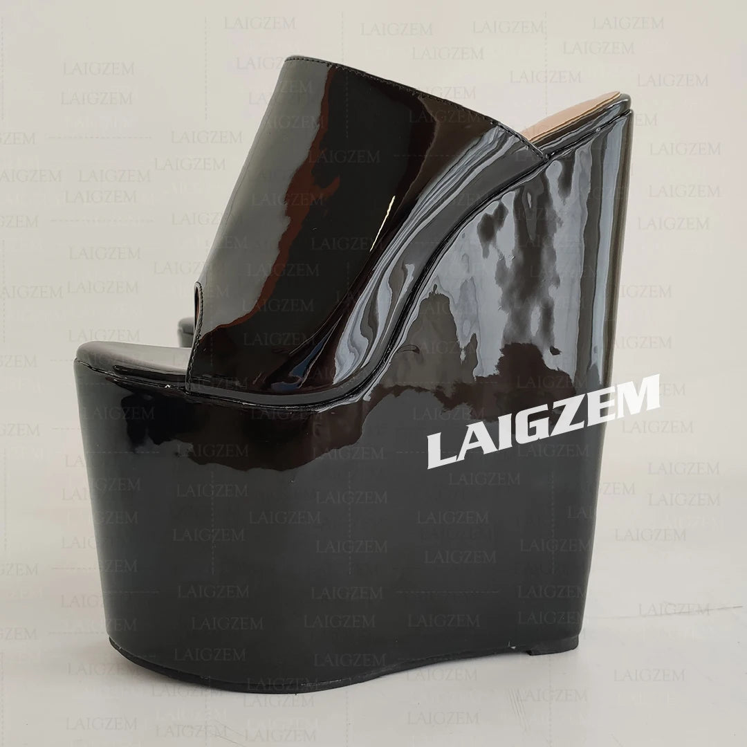 LAIGZEM Women Pumps Wedges Slip on Peep Toe 22CM High Heels Mules Party Ladies Height Increase Shoes Woman Large Size 41 44 48