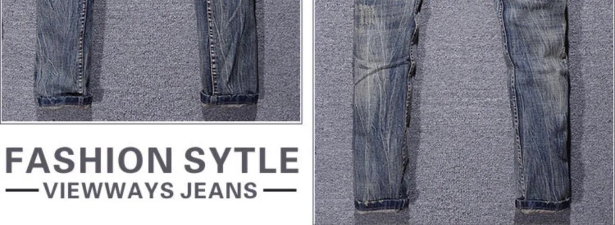 2023 Spring and Autumn New Classic Fashion Solid Color Ripped Small Foot Pants Men's Casual Comfort Elastic High Quality Jeans