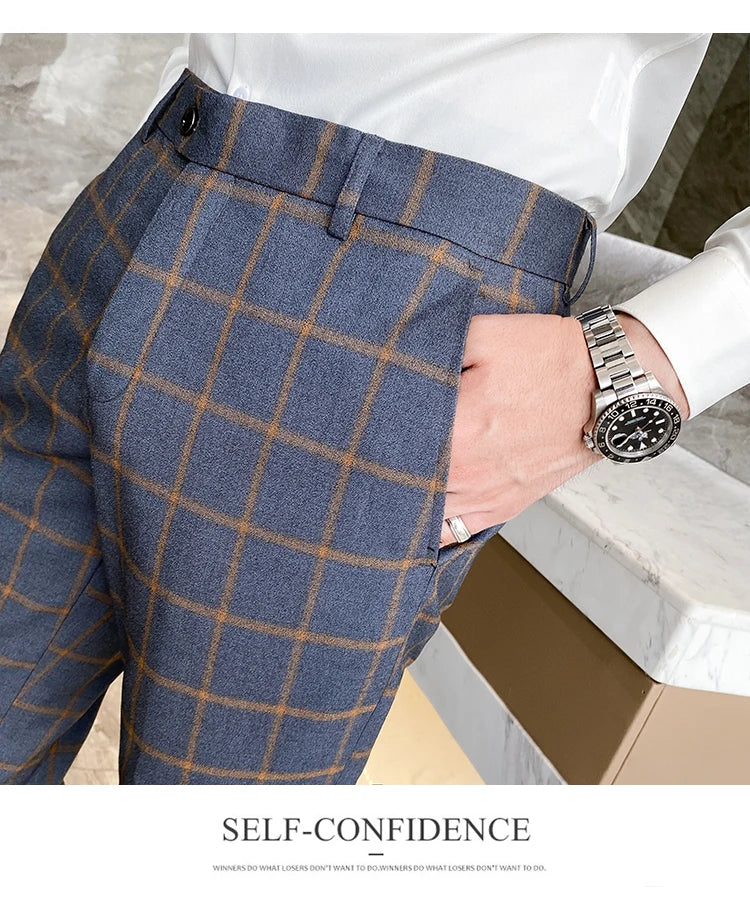 2025 New Burgundy Navy Plaid Casual Suit Pants for Men, Beige/Blue Vertical Stripe Non-Iron Slim Small Leg Work Trousers Men