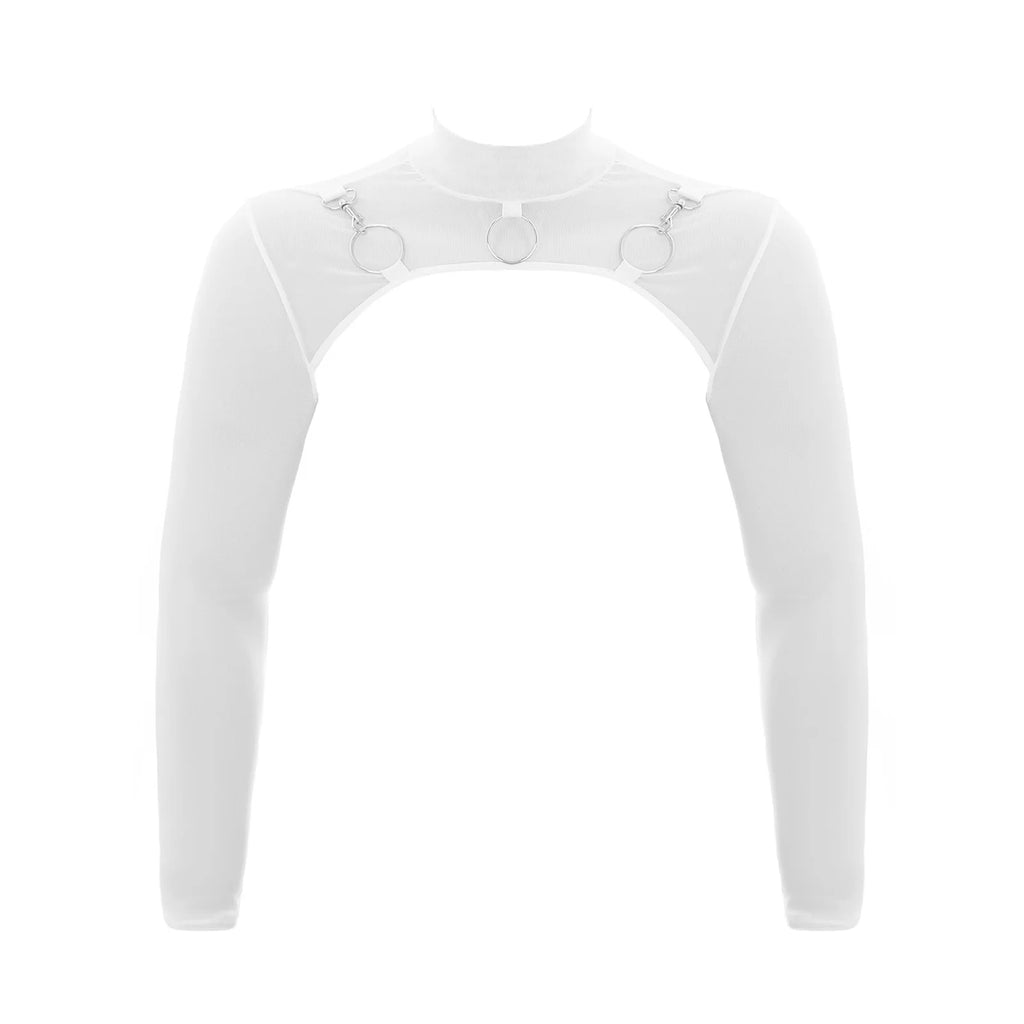 MSemis Male Mens Transparent Moto Sexy Tops Long Sleeve O-Ring Decor T-Shirt See-Through Mesh Half Crop Top Party Clubwear