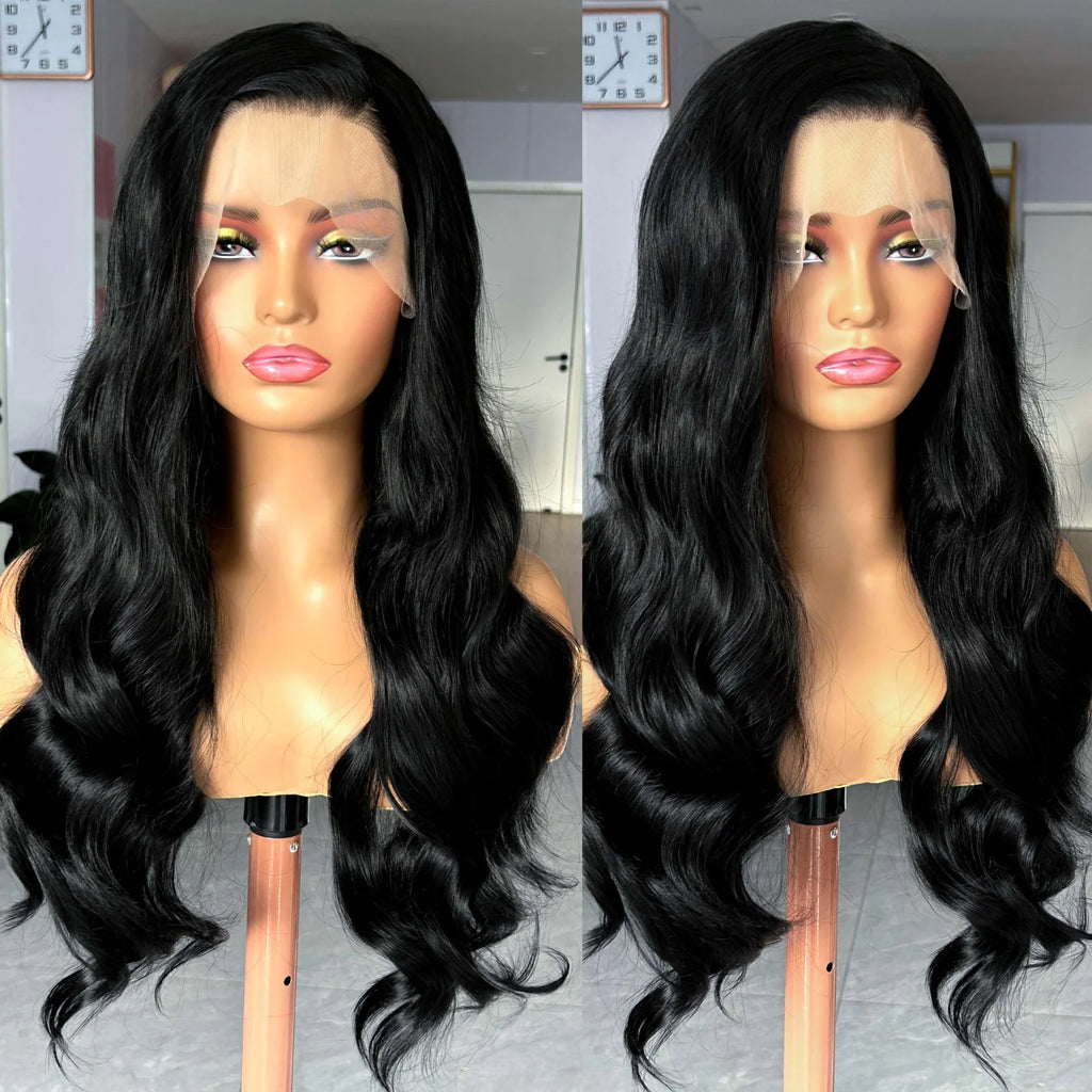Long Wavy Black Natural Curly Synthetic Lace Front Wig Free Part Loose Body Wave 13X4 Frontal Wigs for Women Daily Party Cosplay