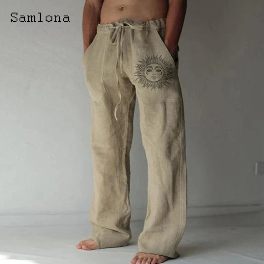 Samlona 2025 Men's Pocket Design Linen Pants Drawstring Loose Trouser Plus Size 3xl Mens Fashion Birds Feather Print Sweatpants