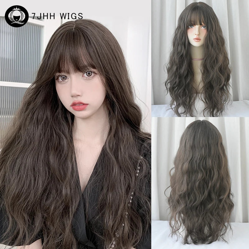 7JHH WIGS Loose Body Wavy Brown Hair Wigs with Neat Bangs High Density Synthetic Fashion Wave Wig for Women Natural Looking