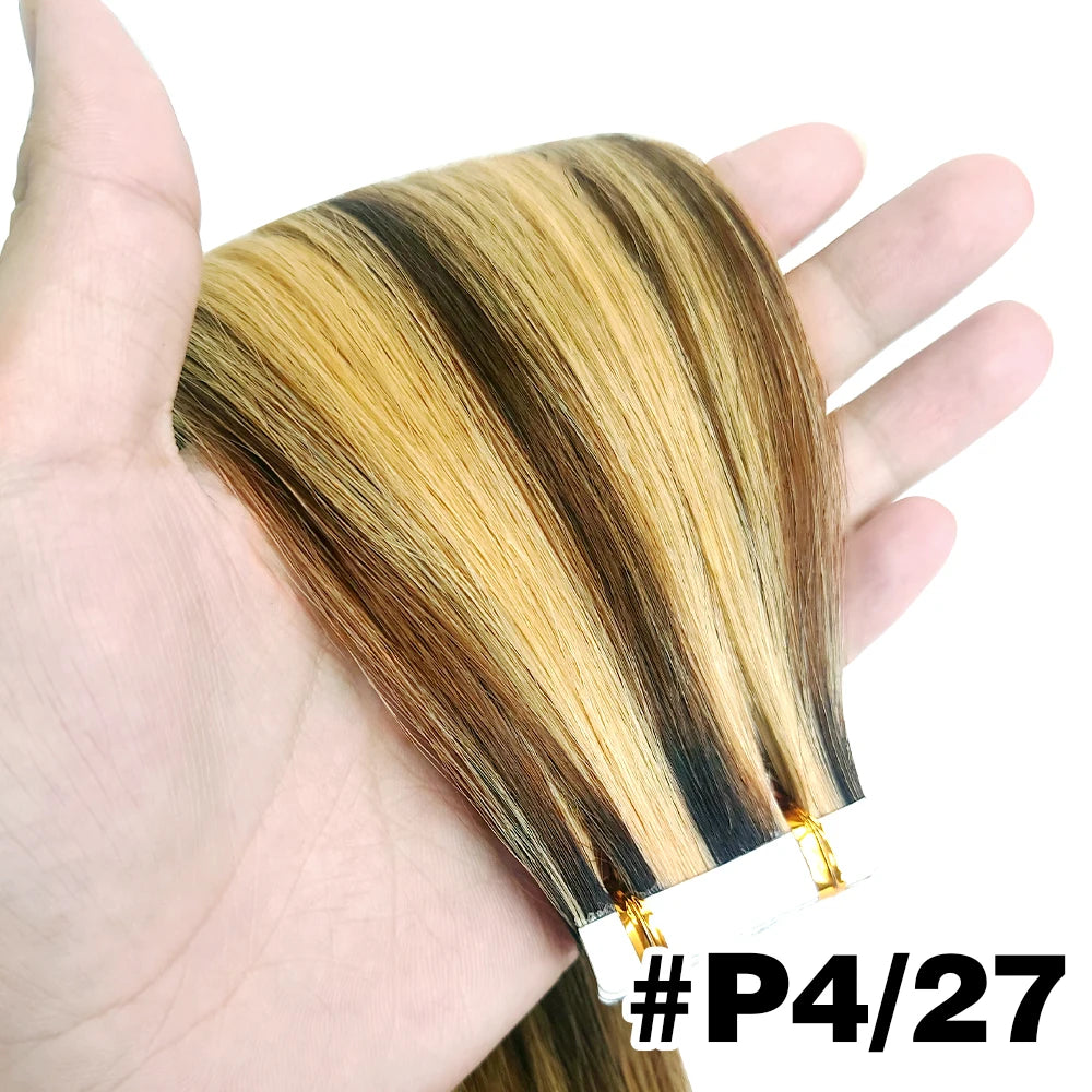 Remy Straight Tape In Hair Extensions Brown Invisible Blonde Virgin Skin Weft 100 Human Hair Extension 24 26 inch For Women