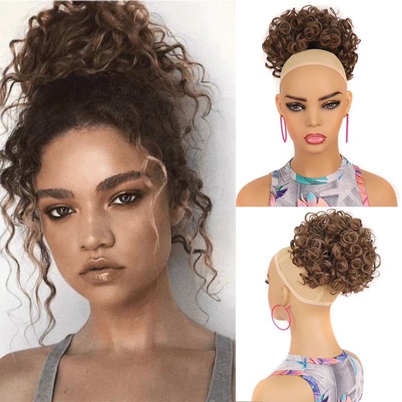 Brown Curly Hair Bun Curly Wave Drawstring Ponytail Buns Extensions for Women Heat Resistant Synthetic Updo Chignon False Hair