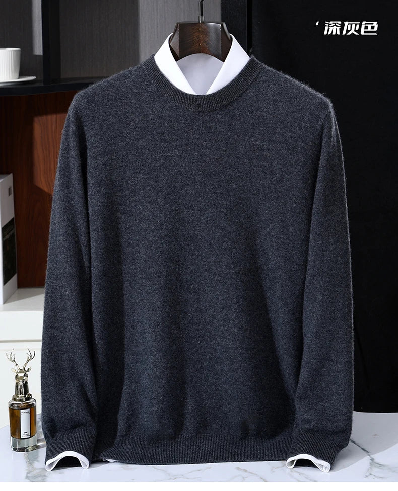 Autumn/Winter Men's 100% Pure Cashmere Pullover Business Casual Solid Knitted Sweater Loose Round Neck Tops Thick Warm Jumper