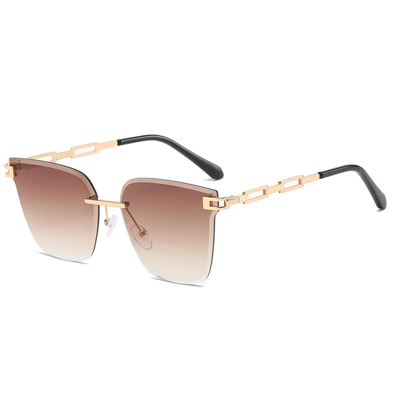 New Sunglasses Women Rimless Cat Eye Eyewear Gradient Brown Cutting Lens Sun Glasses For Female Alloy Eyeglasses Brand Designer