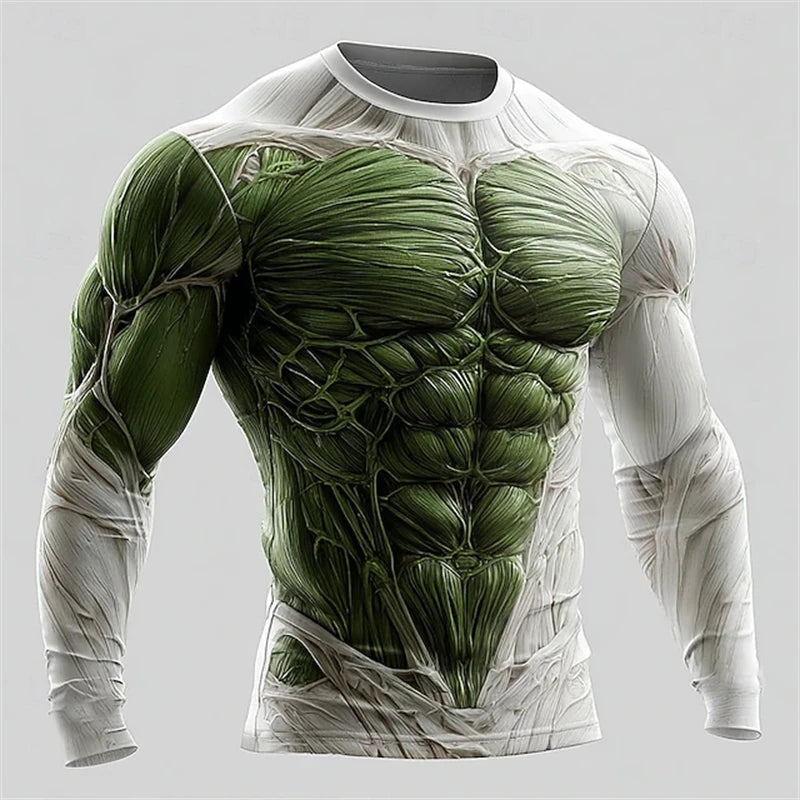 2026 New Men's Creative Muscle Texture Print T-Shirt Quick-Dry Crew Neck Long Sleeve Top Men's Casual Long Sleeve Pullover