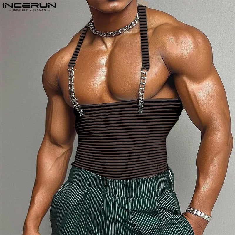 INCERUN Tops 2025 American Style Fashion New Men Striped Metal Strip Hanging Neck Vests Summer Sexy Casual Personality Tank Tops