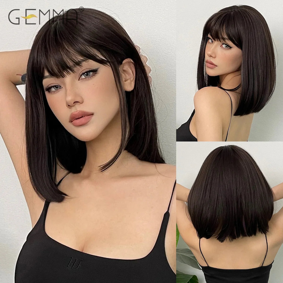 GEMMA Dark Brown Bob Synthetic Natural Hair Wig with Fluffy Bangs for Women Short Straight Wigs Heat Resistant Daily Cosplay Wig